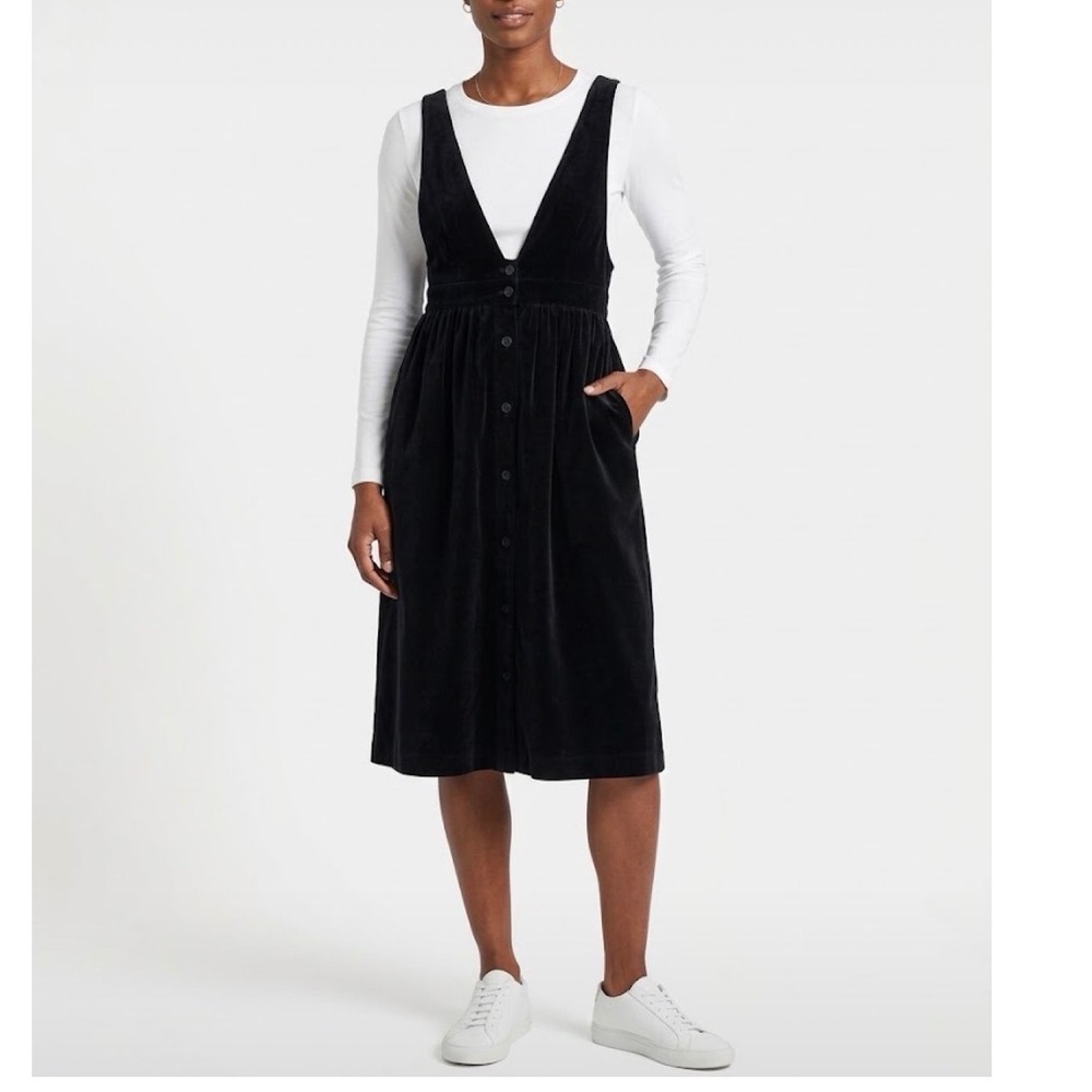 Point of View Black Velvet Pinafore Jumper Dress Button Front Vintage Style 6